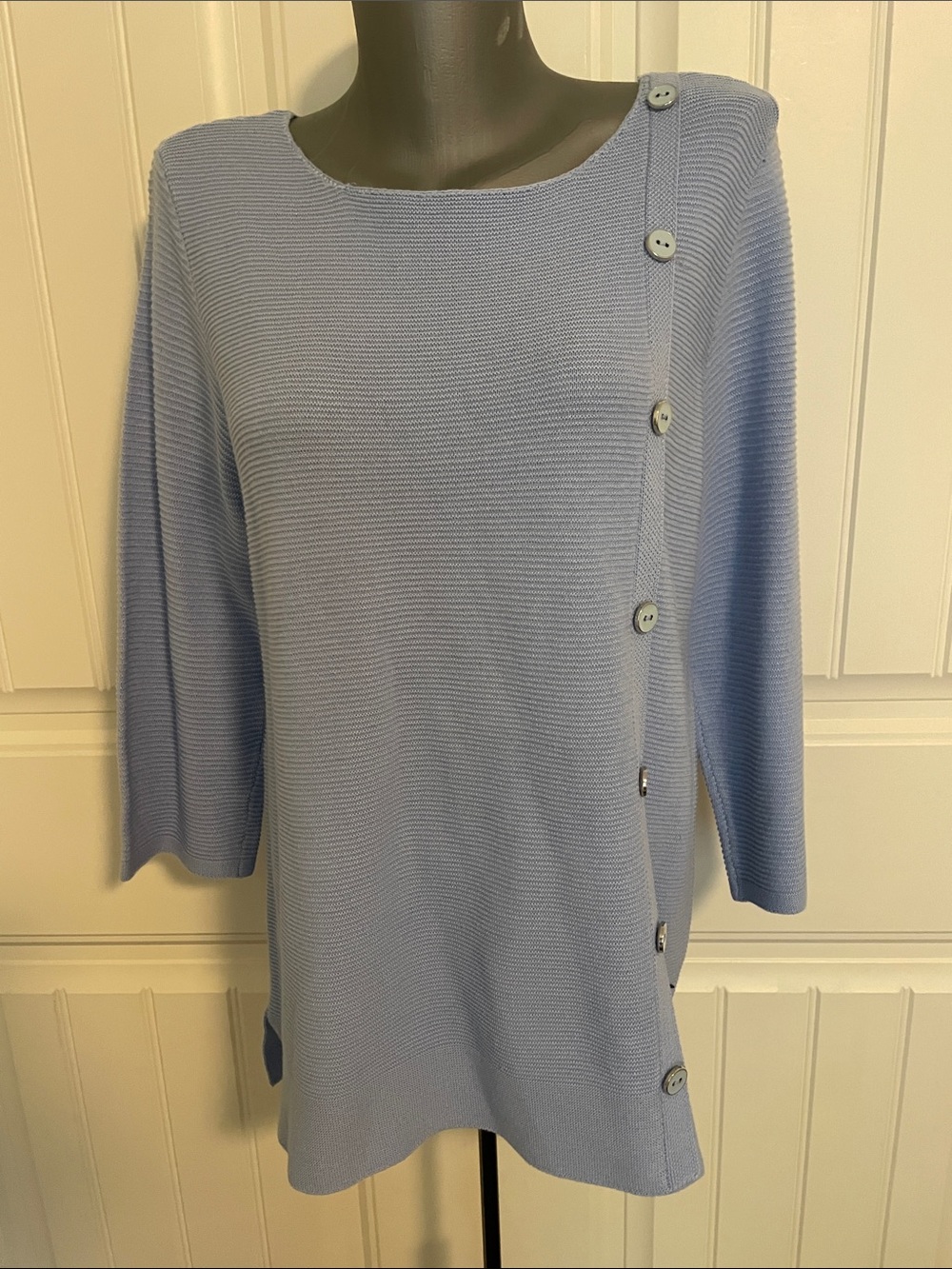 Southern Lady Light Blue Button-Trim Long Sleeve Knit Dress